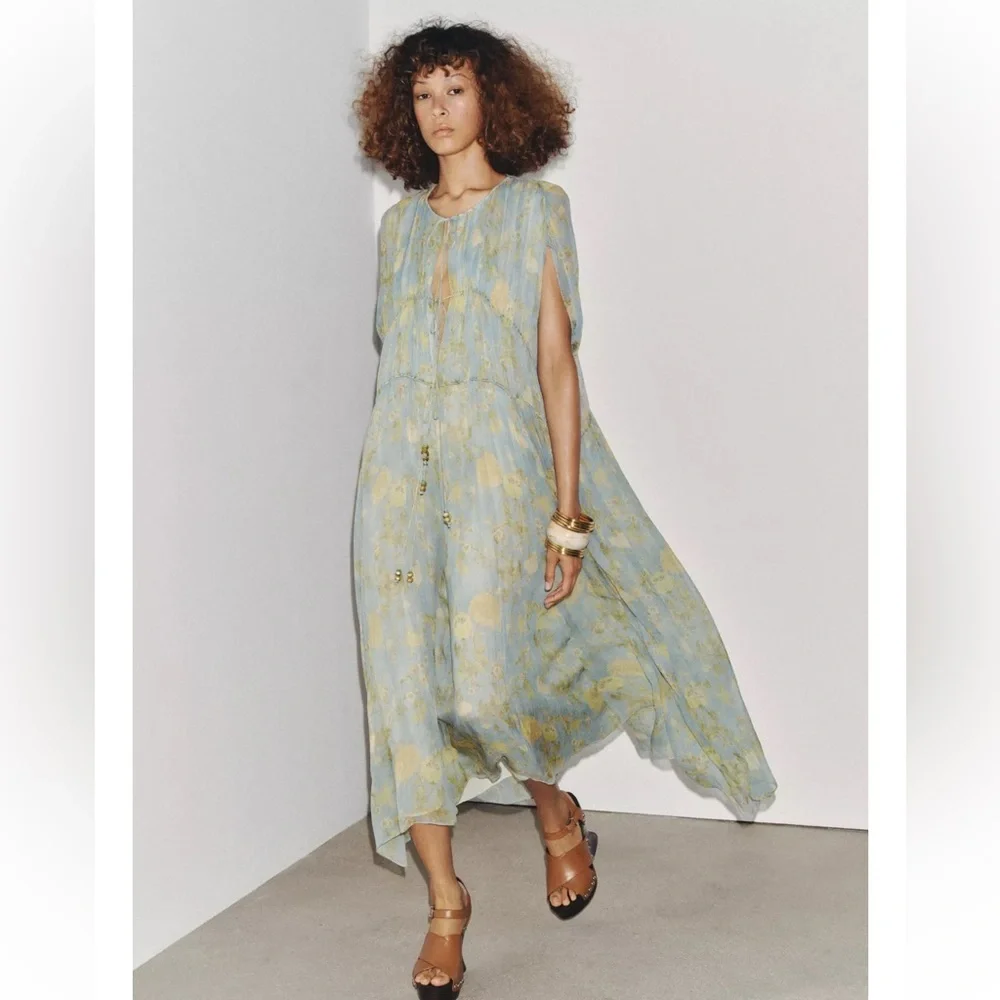 Bohemian Tie-Front Maxi Dress in Sage with Gold Floral - Picture 2 of 15